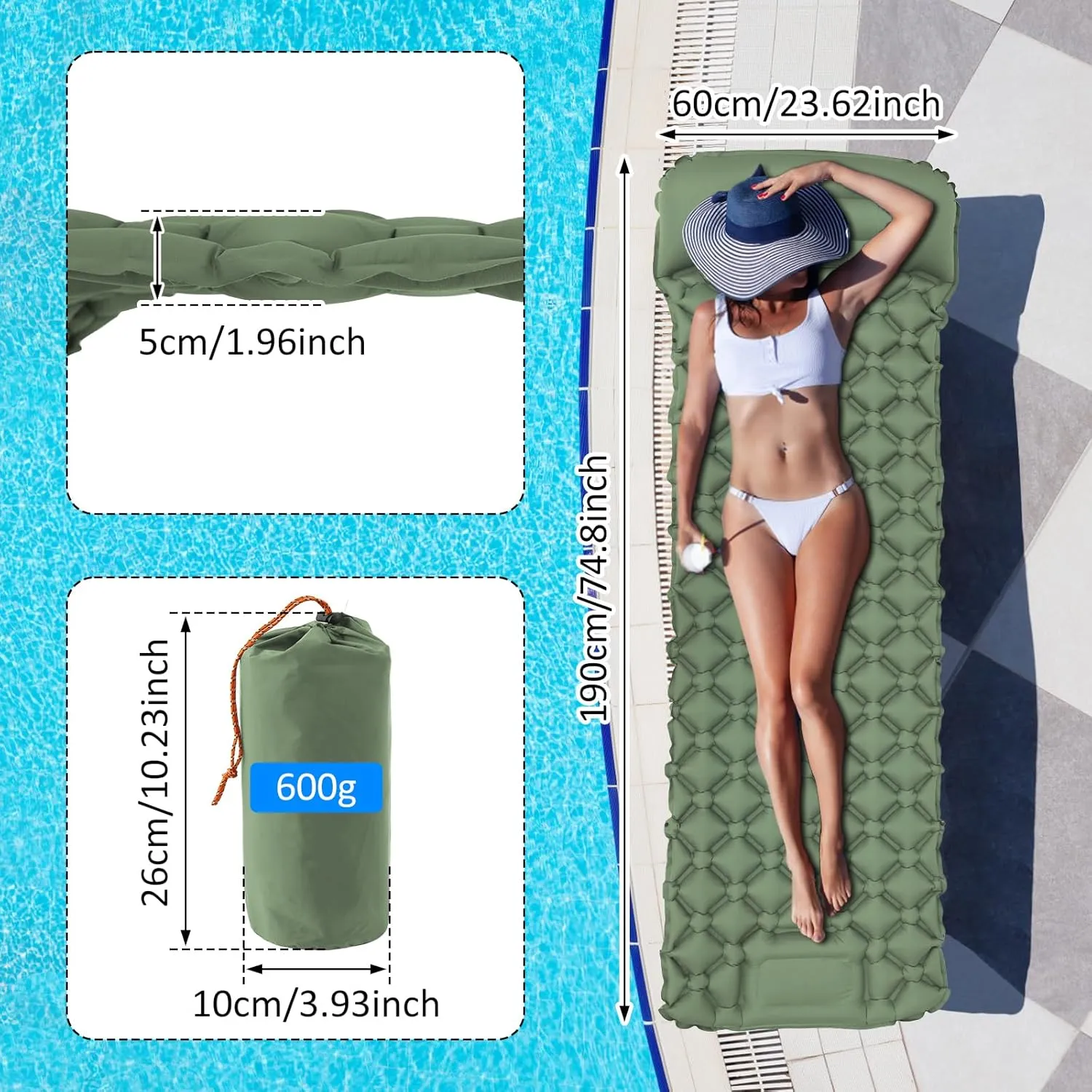 Sleeping Pad for Camping, 40D Nylon Inflating Sleeping Pad with Storage Bag, TPU Coating Built in Foot Pump, Inflatable Air Mattress Sleep Mat for Travel Tent Hiking Backpacking(Green)