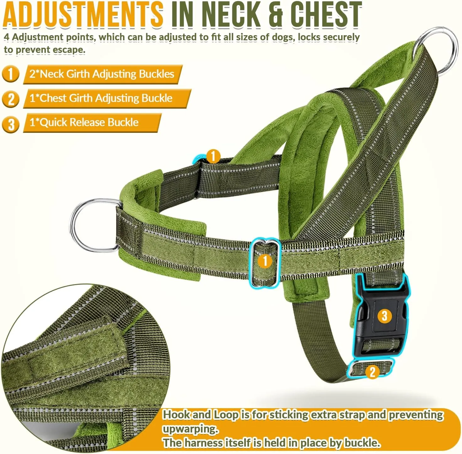 SlowTon No Pull Dog Harness - Heavy Duty Dog Harness and Leash Set for Medium Large Dogs, Reflective Tactical Harness with Soft Padded and Front Clip for Easy Walk and Training (Green M)
