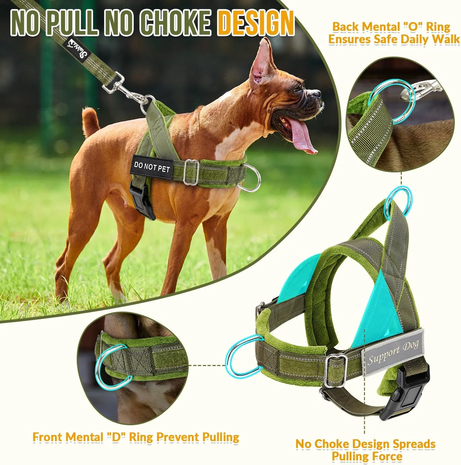 SlowTon No Pull Dog Harness - Heavy Duty Dog Harness and Leash Set for Medium Large Dogs, Reflective Tactical Harness with Soft Padded and Front Clip for Easy Walk and Training (Green M)