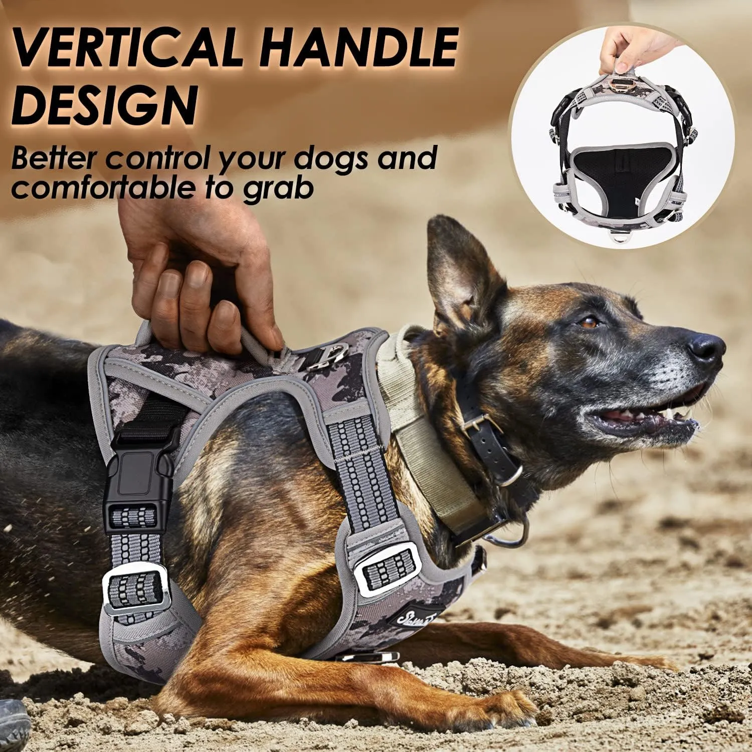 SlowTon No Pull Dog Harness, Heavy Duty No Choke Pet Harness with 2 Leash Clips and Easy Control Vertical Handle, Adjustable Soft Padded Dog Vest for Small, Medium and Large Dogs(Grey Camo,Medium)