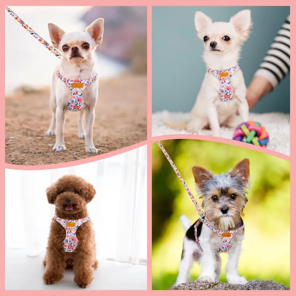 SlowTon No Pull Dog Harness with Leash - Soft Lightweight Floral Pattern Puppy Harness, Adjustable Pet Harness for Small Medium Dogs (Flower XXS)