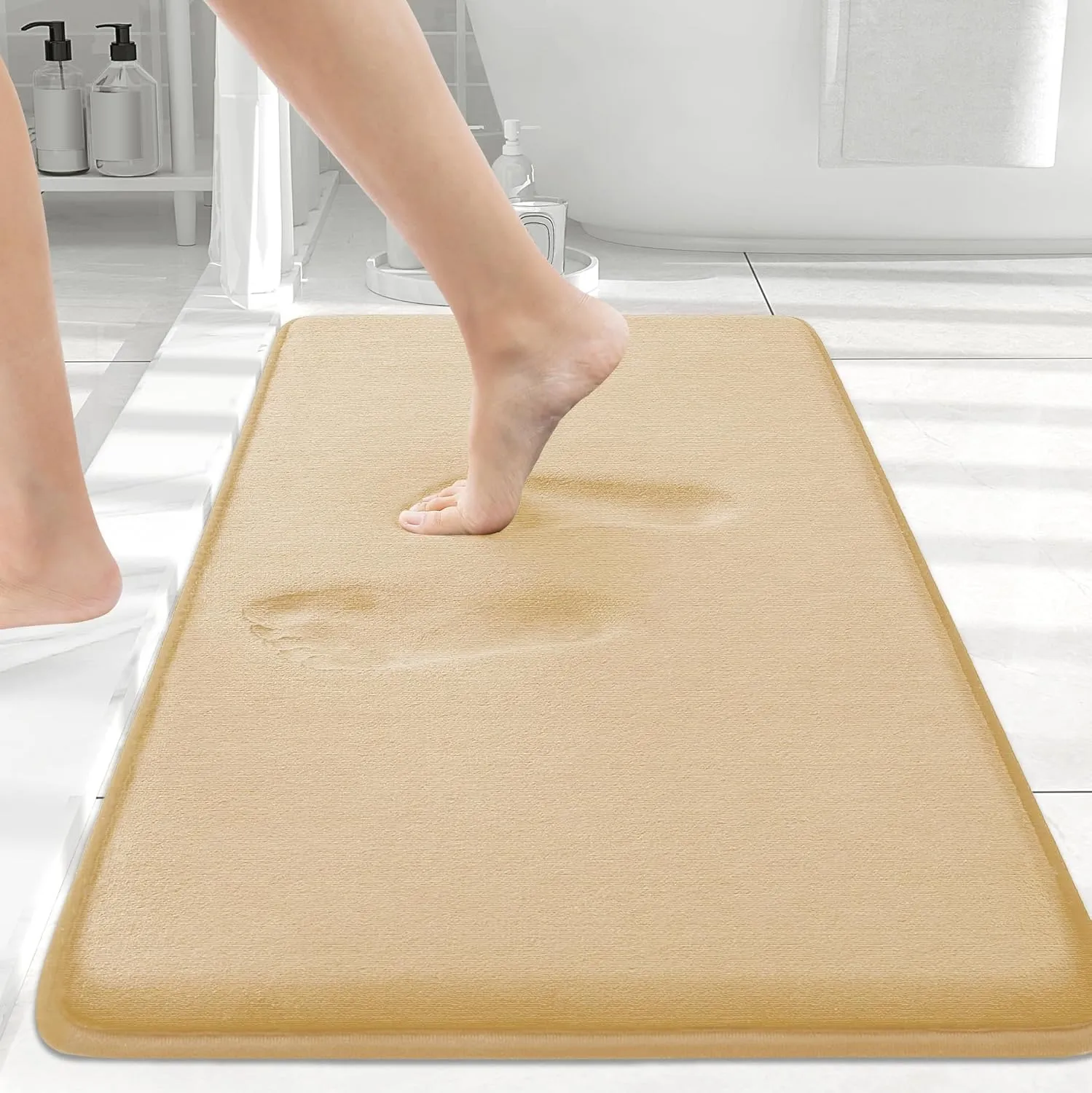 Smiry Memory Foam Bath Mat 24x16, Extra Soft and Absorbent Bathroom Mats, Non Slip Washable Carpet for Floor, Shower and Tub, Beige