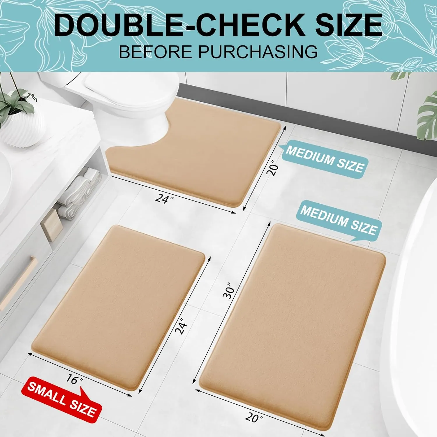 Smiry Memory Foam Bath Mat 24x16, Extra Soft and Absorbent Bathroom Mats, Non Slip Washable Carpet for Floor, Shower and Tub, Camel