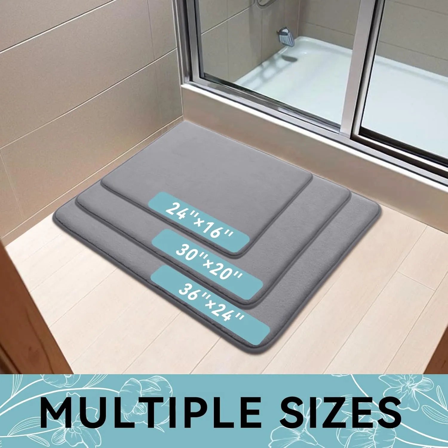 Smiry Memory Foam Bath Mat 24x16, Extra Soft and Absorbent Bathroom Mats, Non Slip Washable Carpet for Floor, Shower and Tub, Medium Grey