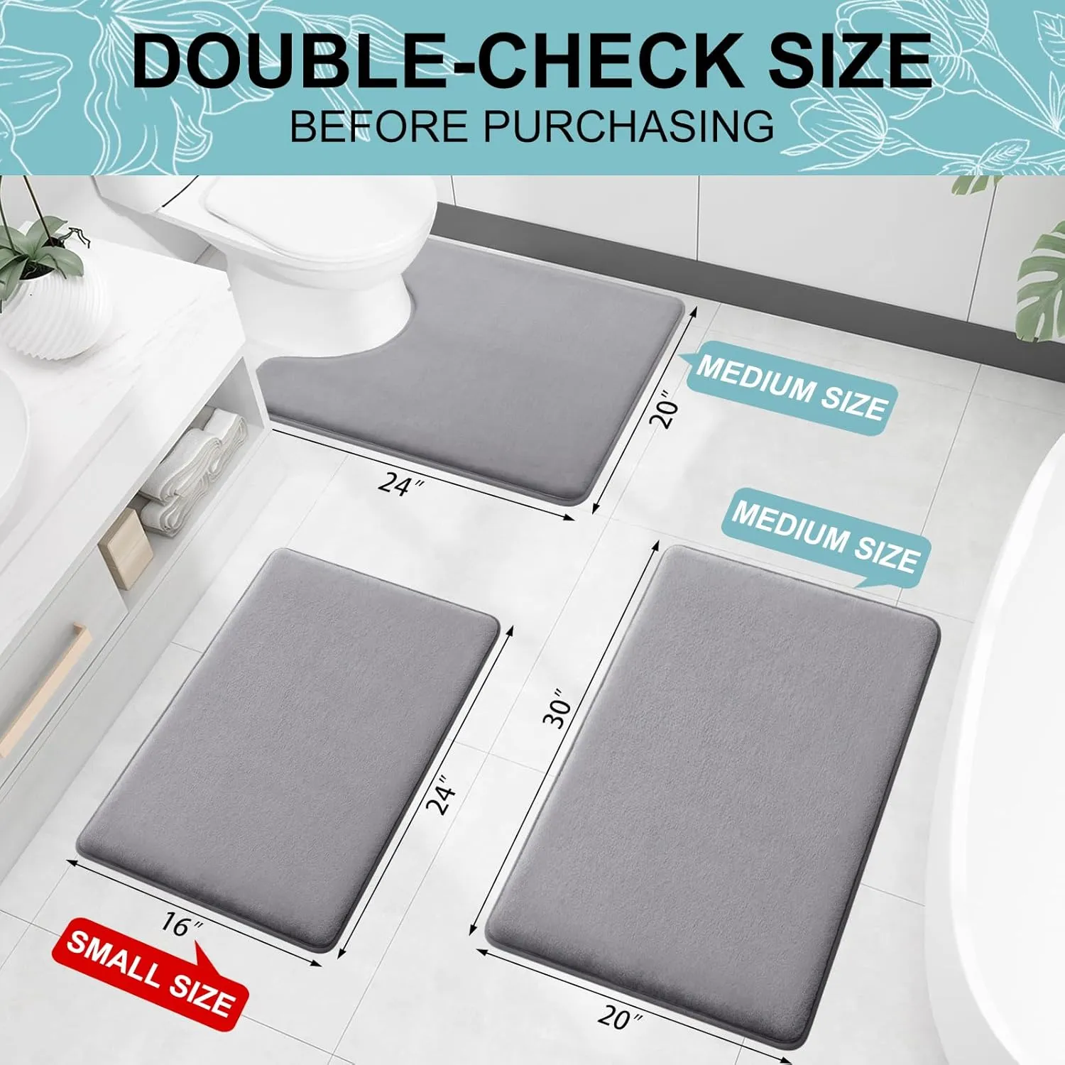 Smiry Memory Foam Bath Mat 24x16, Extra Soft and Absorbent Bathroom Mats, Non Slip Washable Carpet for Floor, Shower and Tub, Medium Grey