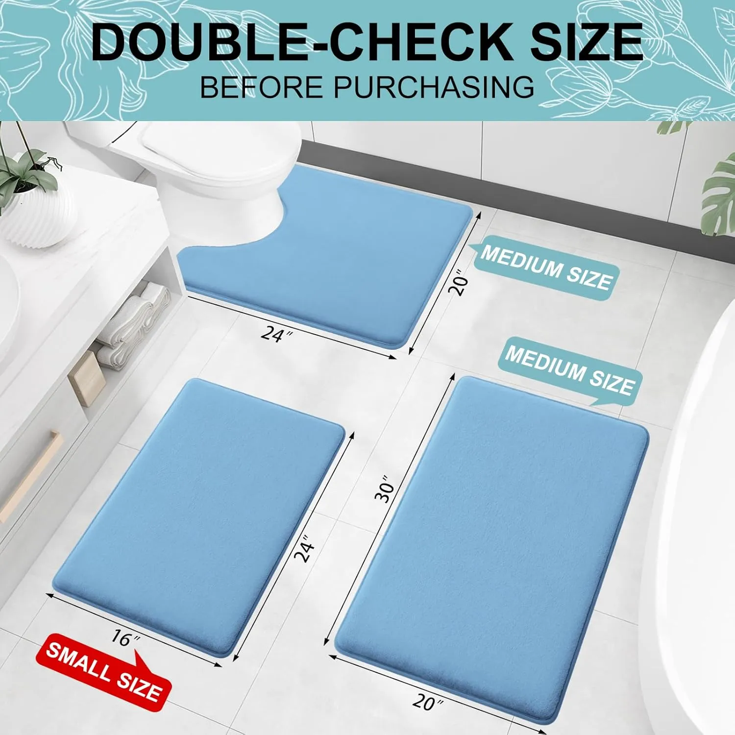 Smiry Memory Foam Bath Mat 30x20, Extra Soft and Absorbent Bathroom Mats, Non Slip Washable Carpet for Floor, Shower and Tub, Blue