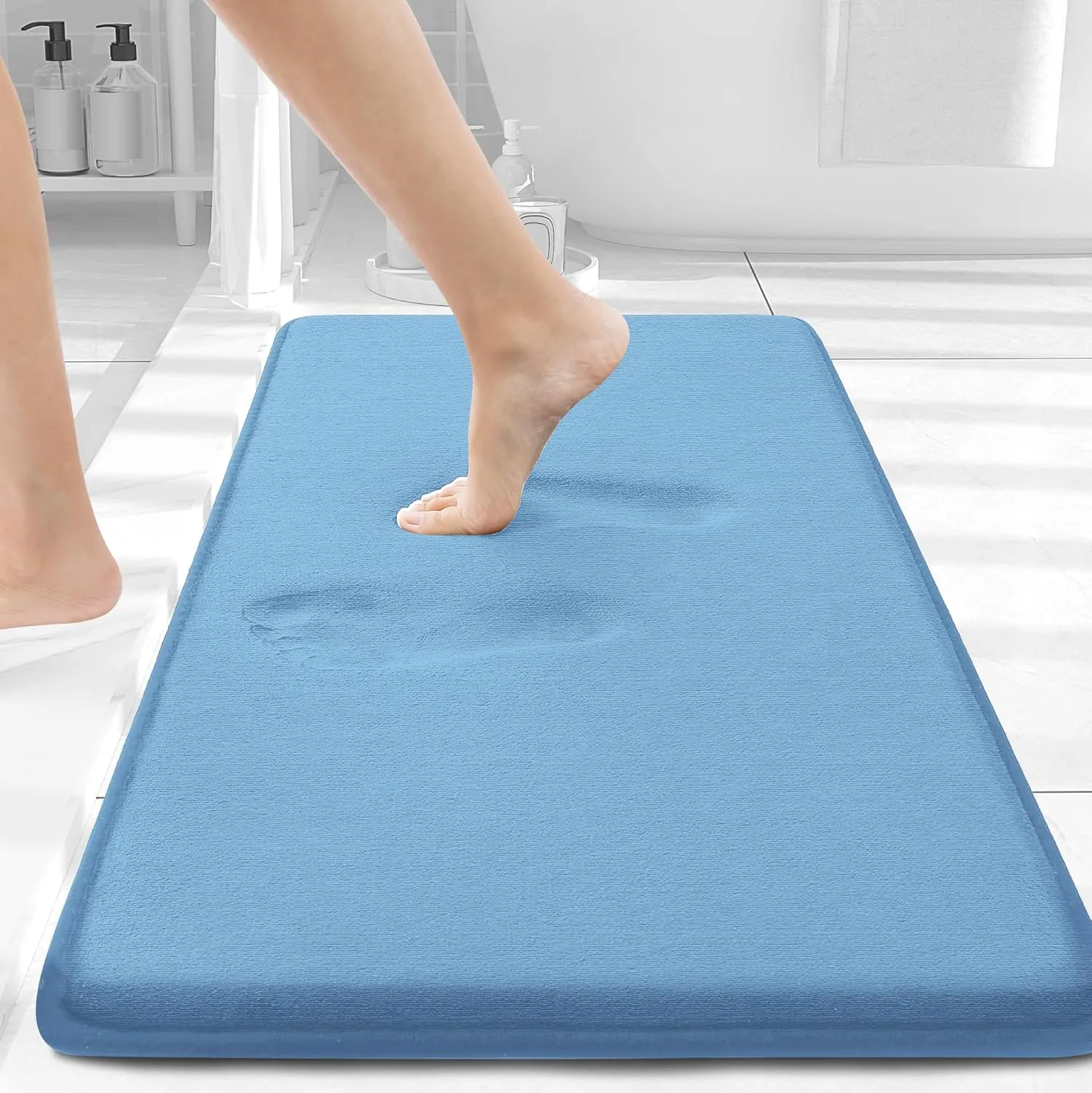 Smiry Memory Foam Bath Mat 30x20, Extra Soft and Absorbent Bathroom Mats, Non Slip Washable Carpet for Floor, Shower and Tub, Blue