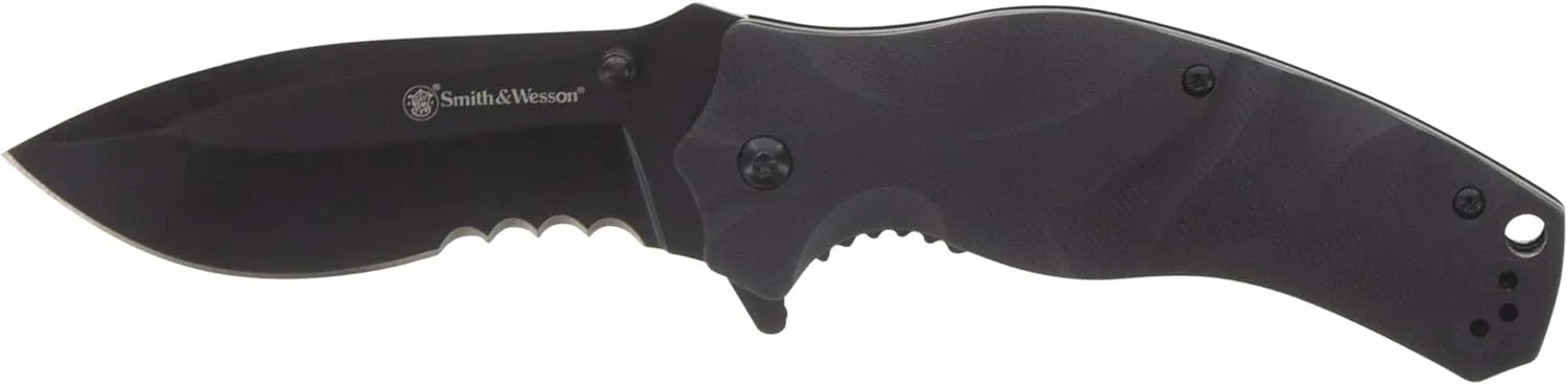Smith & Wesson Black Ops Recurve 8in S.S. Assisted Opening Knife with 3.5in Drop Point Blade and G10 Handle for Outdoor, Tactical, Survival and EDC