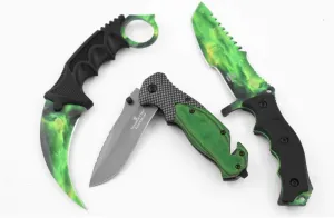 Snake Eye Tactical Triple Set Fixed Blade Mini Huntsman Folding Knife Outdoors Hunting Camping Fishing Self Defense (Green)