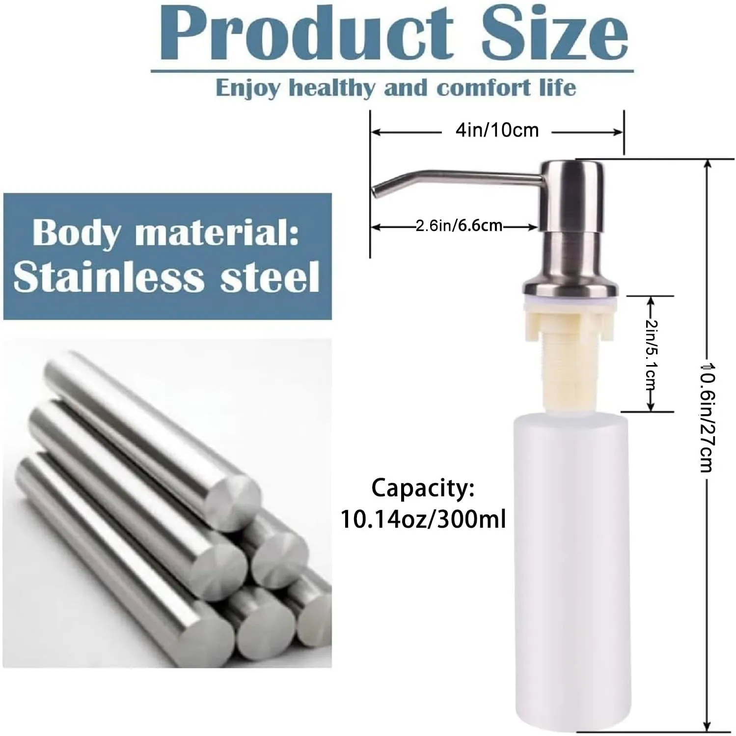 Soap Dispenser for Kitchen Sink (Brushed Nickel),Built in Design Sink Soap Dispenser, Refill from The Top, Stainless Steel Kitchen Soap Pump with 10 fl.oz Bottle (300ml)