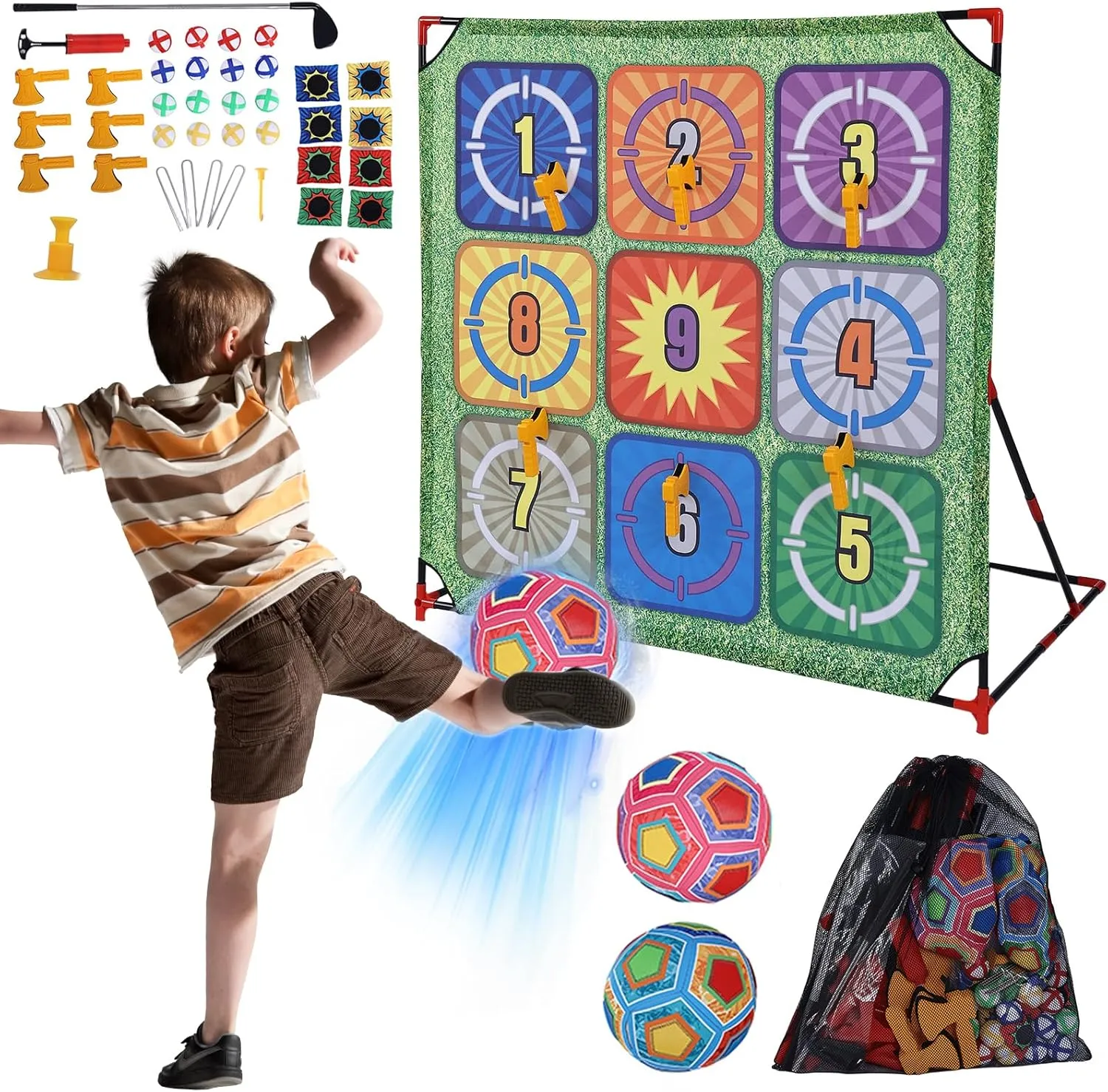 Soccer Games Set, 4-in-1 Carnival Games,-Battle Golf & Bean Bag & Toss Axe Throwing Game for Backyard.Family Soccer Game with Various Accessories,Outdoor Games for Adults and Family