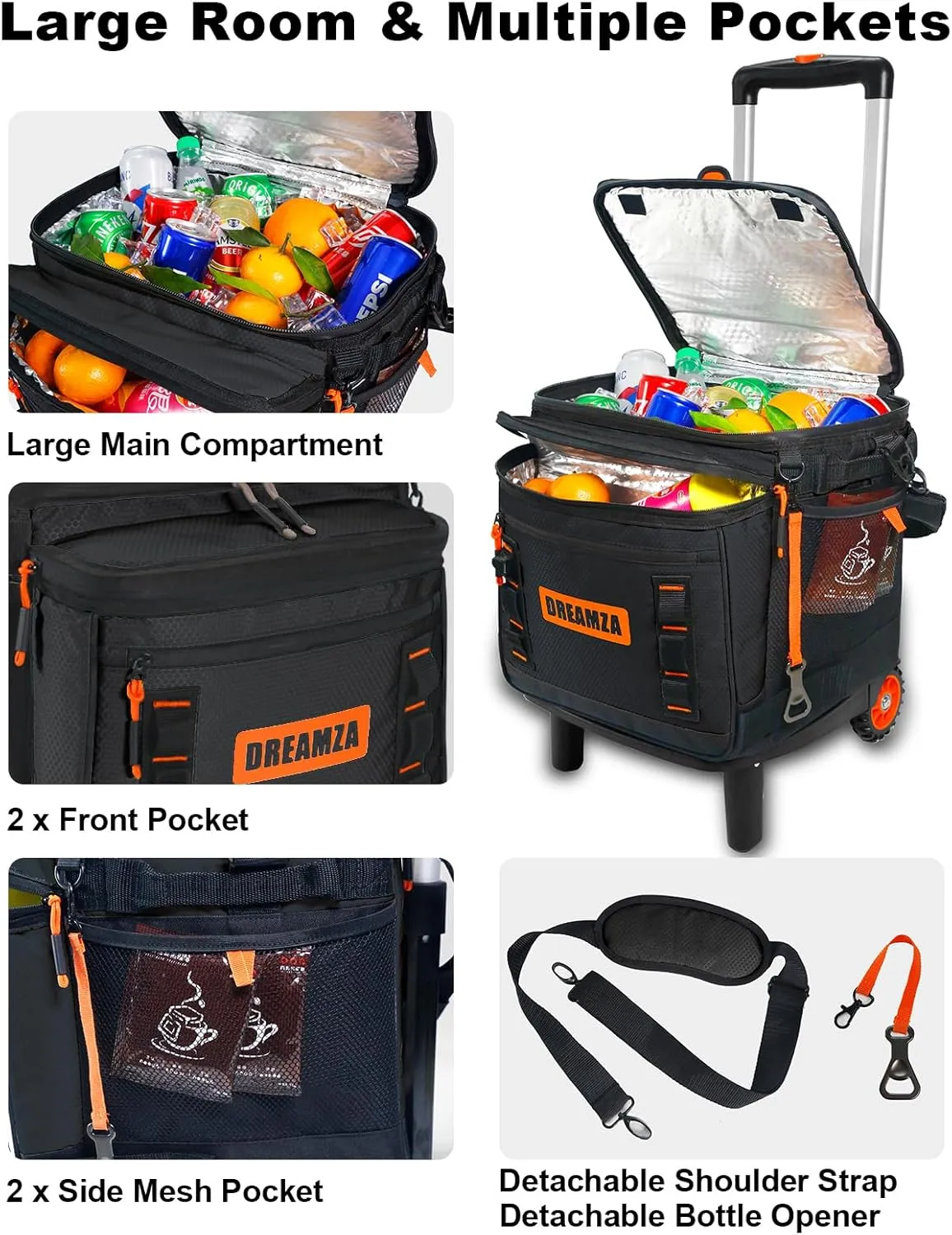 Soft Cooler with Wheels, 60-Can Wheeled Cooler with Handle, Leak Proof Rolling Cooler Insulated Bag with All-Terrain Cart, Collapsible Rolling Ice Chest for Beach Picnic Camping Grocery