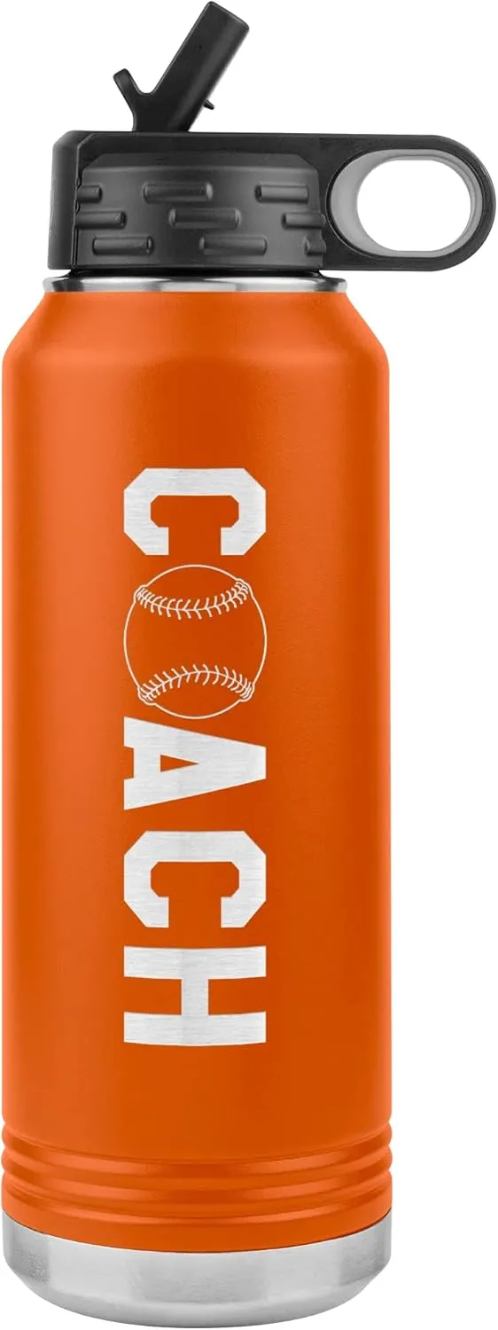Softball Coach Water Bottle - 32oz Insulated Engraved Stainless Steel Flip Top with Straw Softball Coach Gift Orange