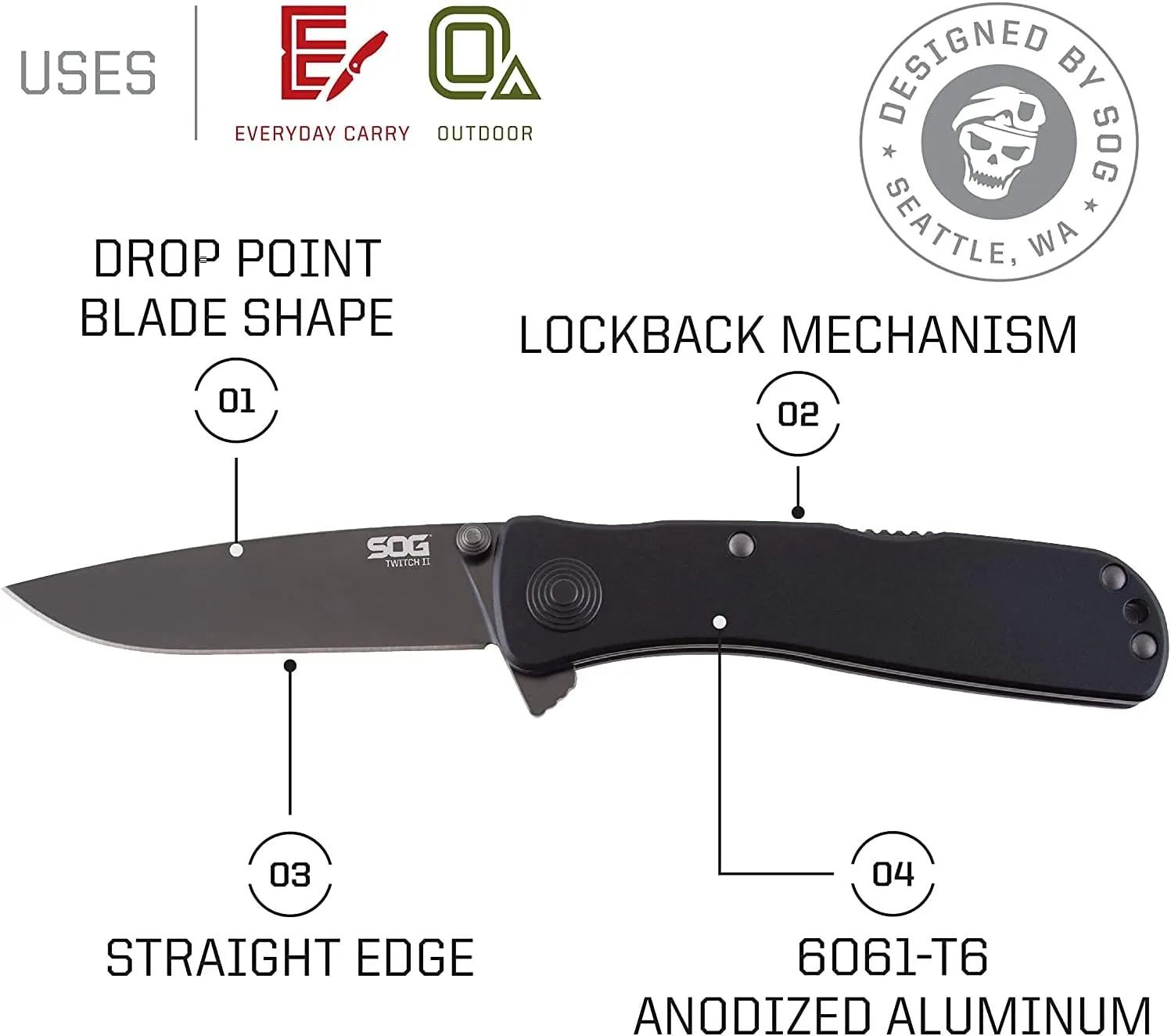 SOG Twitch II Drop Point 2.65in Everyday Carry Portable Compact Well-Rounded Camping Pocket Folding Knife | AUS-8 Steel Blade