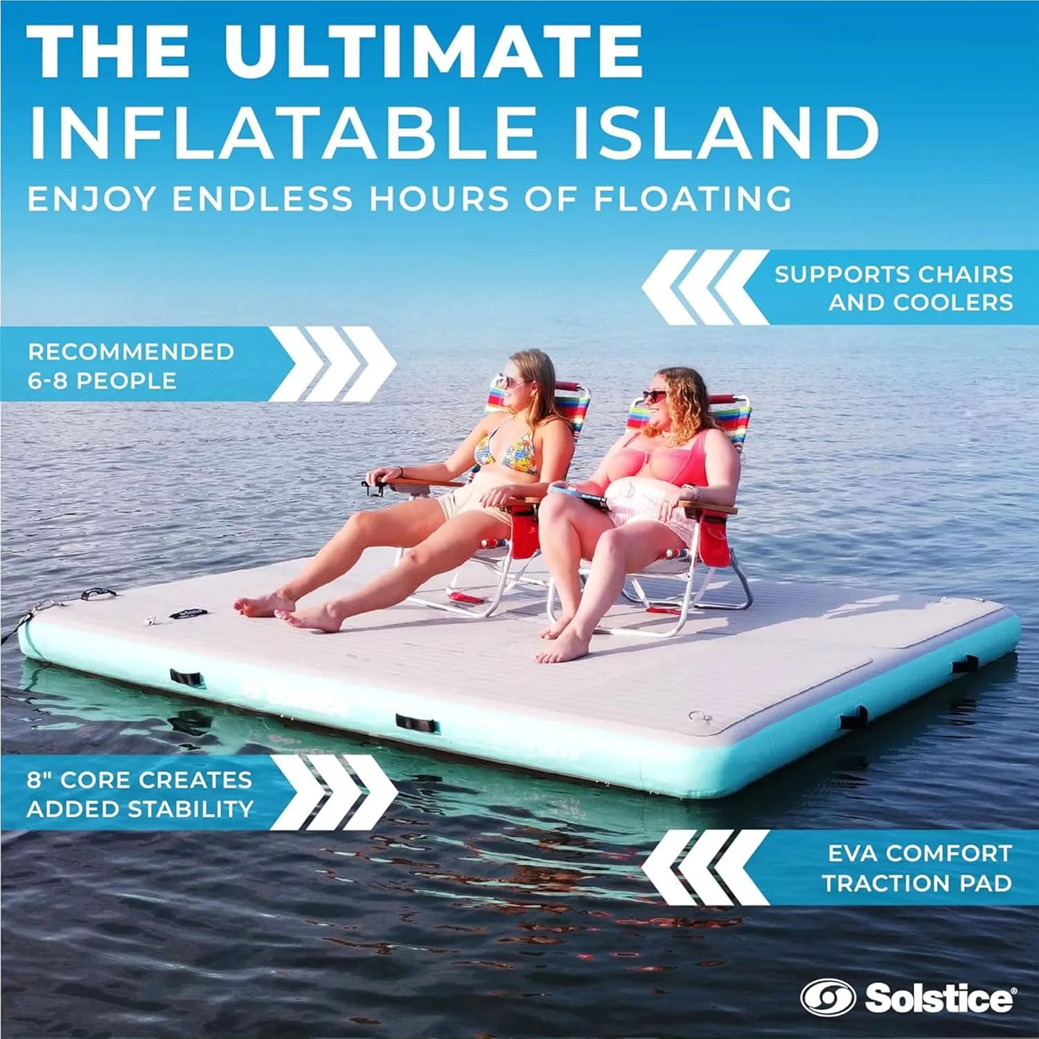 Solstice Original Floating Inflatable Luxe Dock Platform 10 X 8 FT Float for Lake Boat Pool Ocean | W/Non-Slip Pad | Water Mat Swim Raft for Multiple Adults Kids Dogs | 8 Inch Extra Thick & Stable