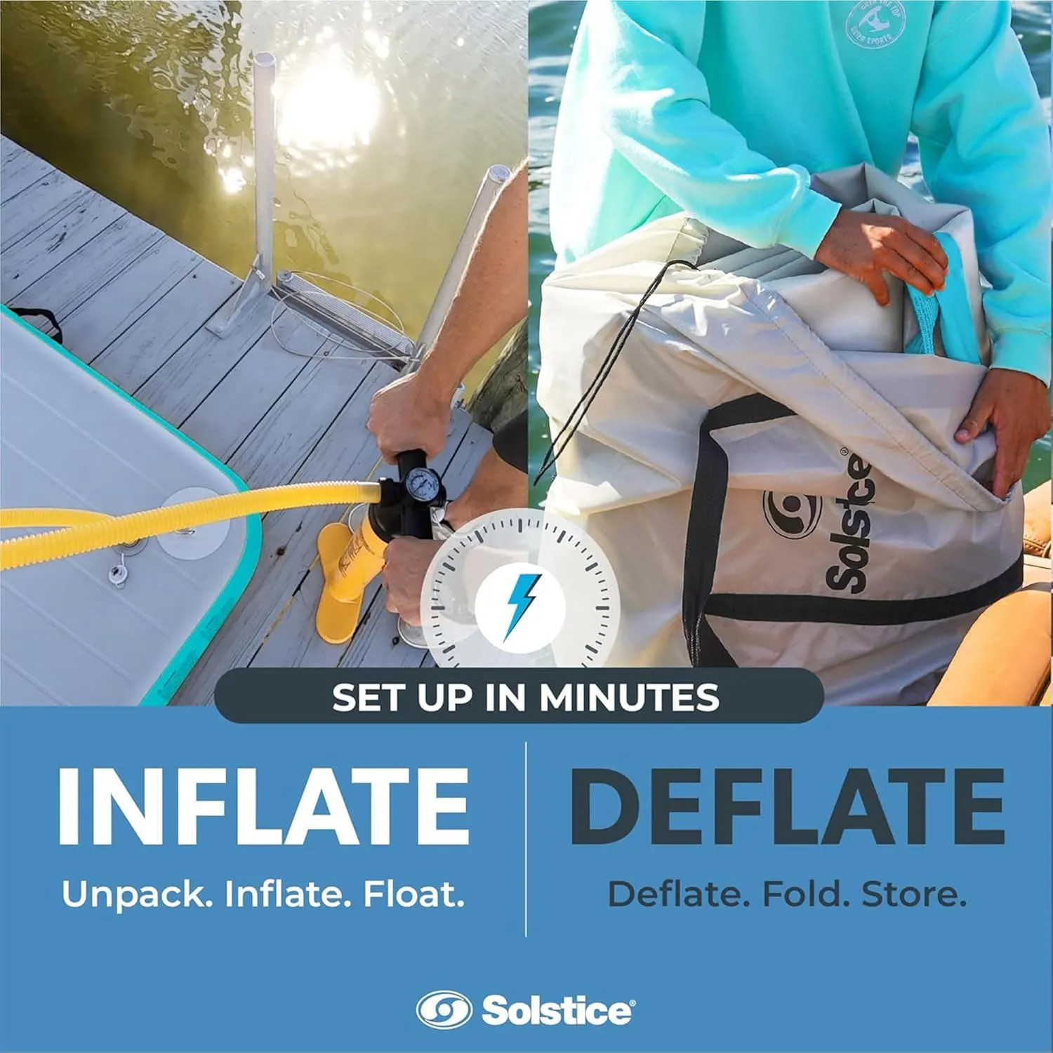 SOLSTICE ORIGINAL Floating Inflatable LUXE Dock Platform 8 X 5 FT Float For Lake Boat Pool Ocean | W/ Non-Slip Pad | Water Mat Swim Raft For Multiple Adults Kids Dogs | 8 Inch Extra Thick & Stable