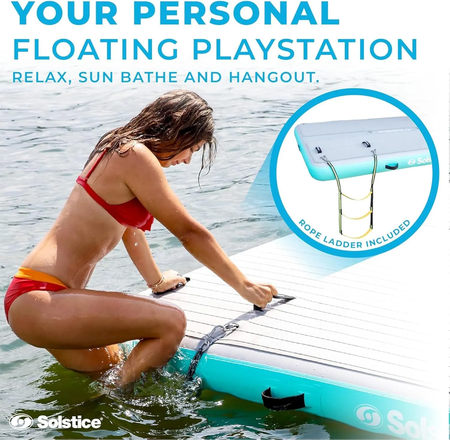 SOLSTICE ORIGINAL Floating Inflatable LUXE Dock Platform 8 X 5 FT Float For Lake Boat Pool Ocean | W/ Non-Slip Pad | Water Mat Swim Raft For Multiple Adults Kids Dogs | 8 Inch Extra Thick & Stable