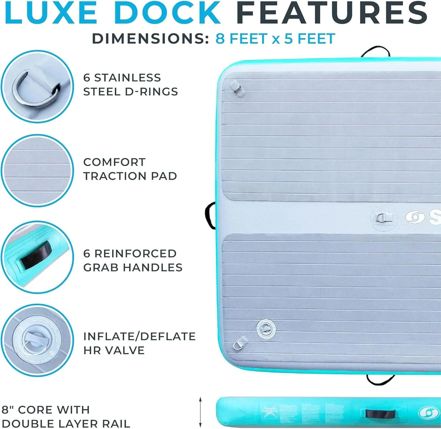 SOLSTICE ORIGINAL Floating Inflatable LUXE Dock Platform 8 X 5 FT Float For Lake Boat Pool Ocean | W/ Non-Slip Pad | Water Mat Swim Raft For Multiple Adults Kids Dogs | 8 Inch Extra Thick & Stable