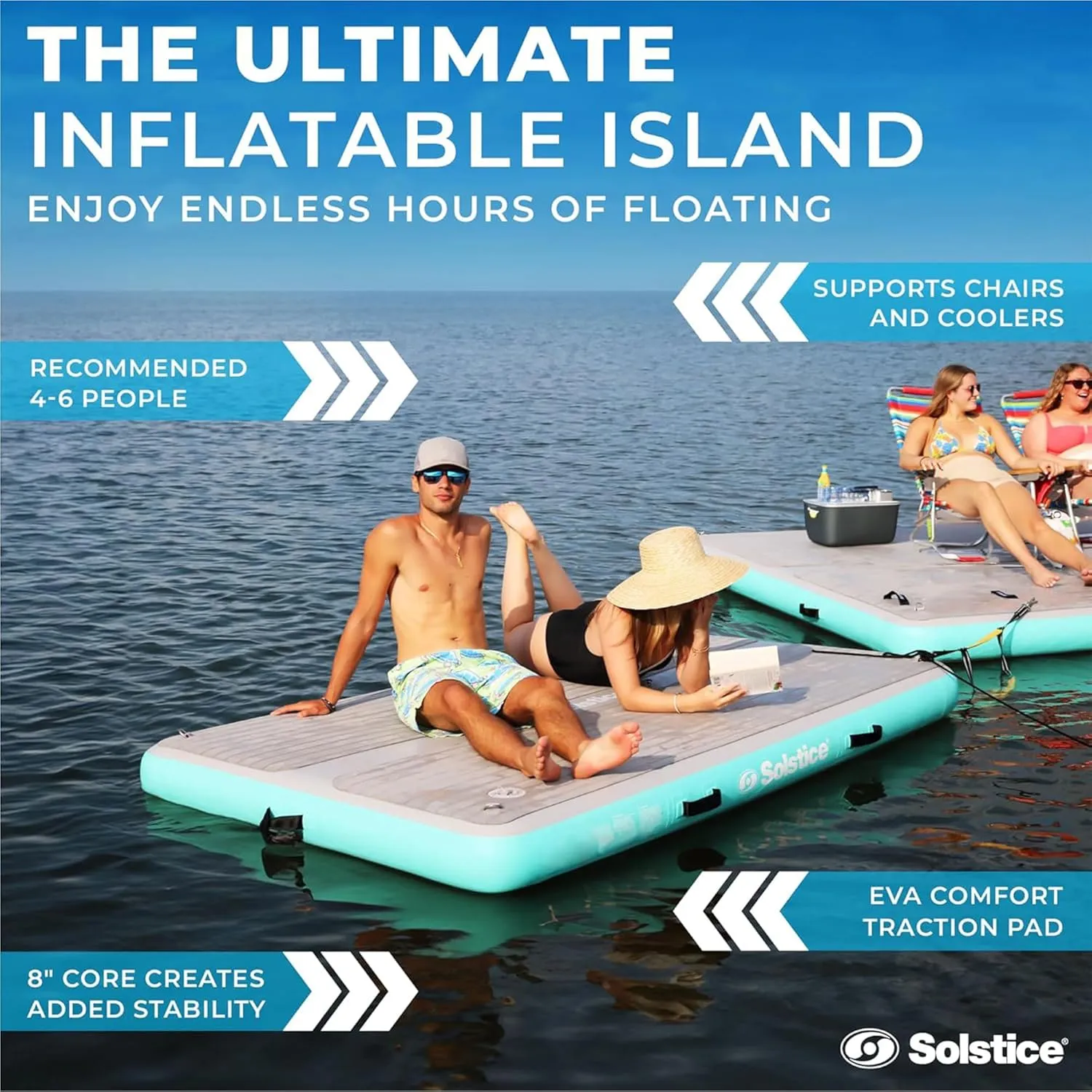 SOLSTICE ORIGINAL Floating Inflatable LUXE Dock Platform 8 X 5 FT Float For Lake Boat Pool Ocean | W/ Non-Slip Pad | Water Mat Swim Raft For Multiple Adults Kids Dogs | 8 Inch Extra Thick & Stable