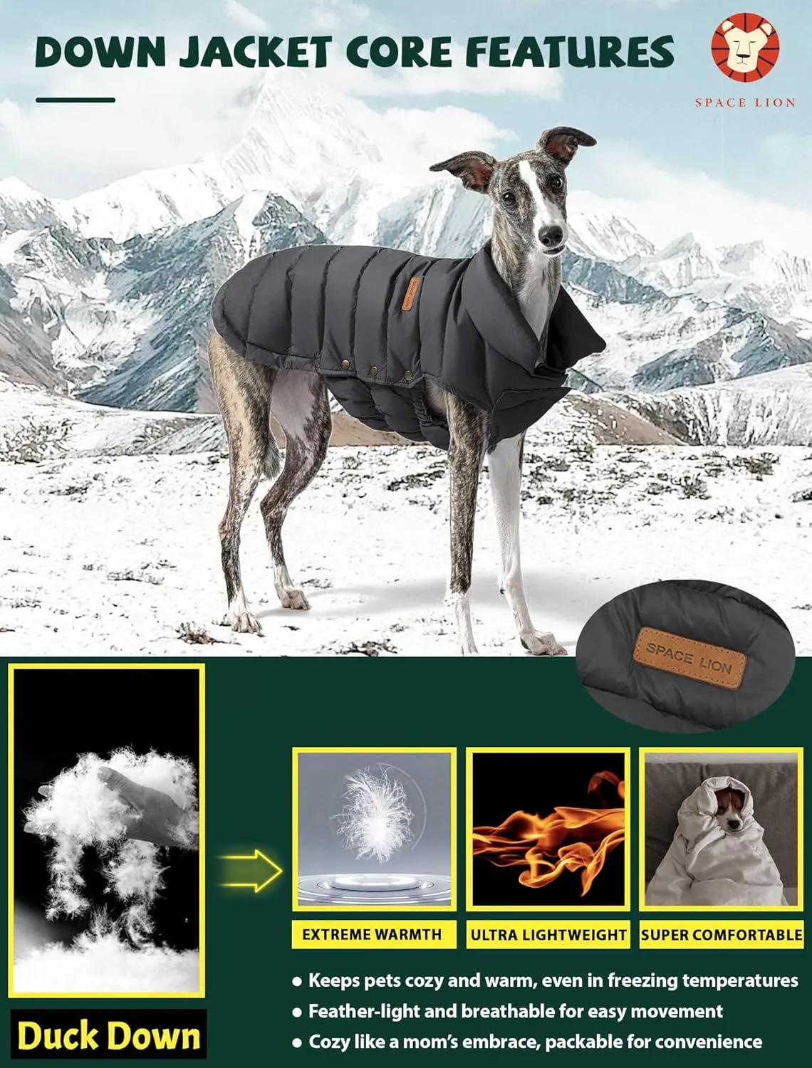 SPACE LION Puffer Jacket, Down Winter Coat, Waterproof, Windproof, Lightweight Jacket, Adjustable Fit for Small, Medium, Large Dogs (BlackGrey, S)