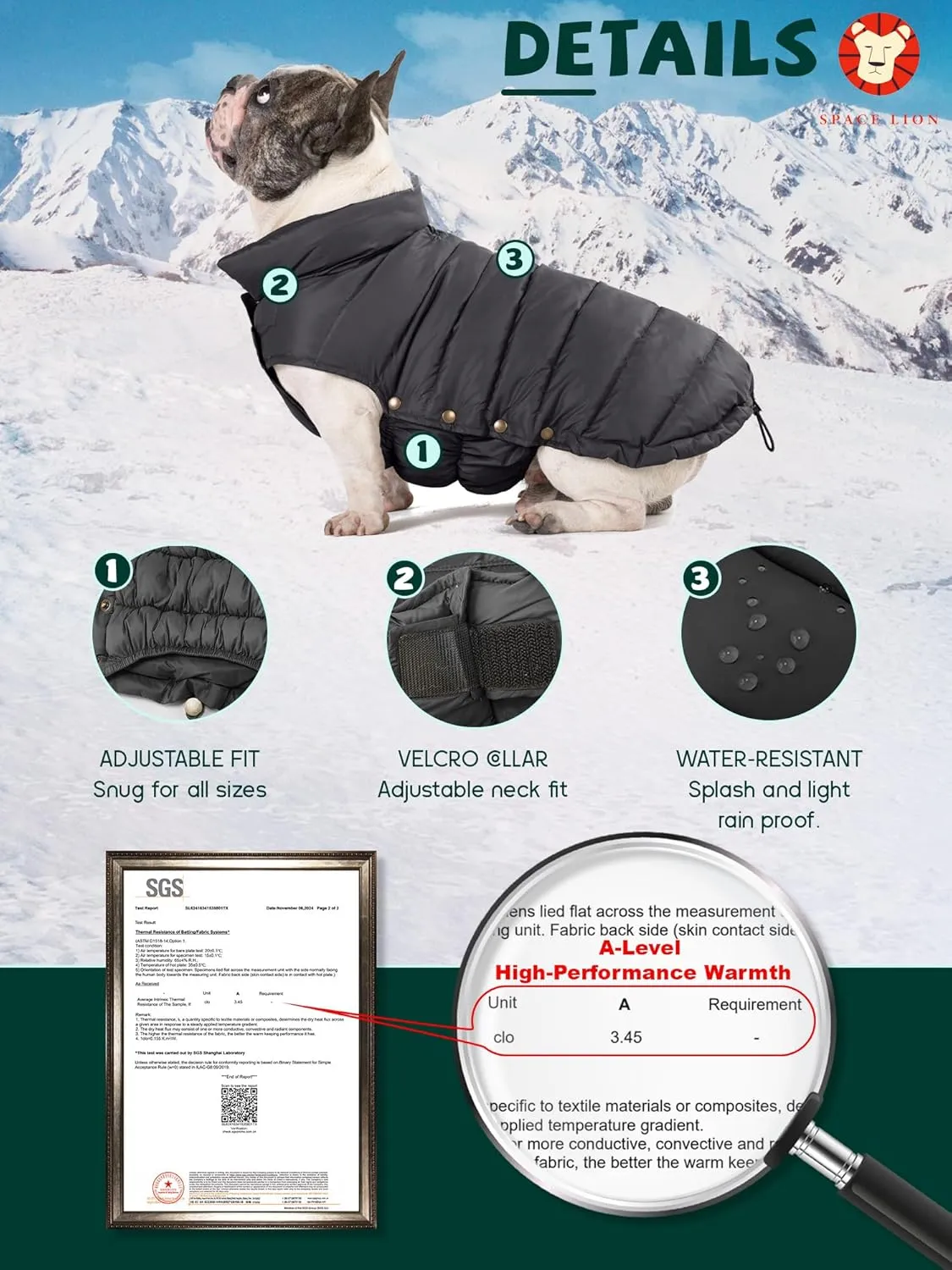 SPACE LION Puffer Jacket, Down Winter Coat, Waterproof, Windproof, Lightweight Jacket, Adjustable Fit for Small, Medium, Large Dogs (BlackGrey, S)