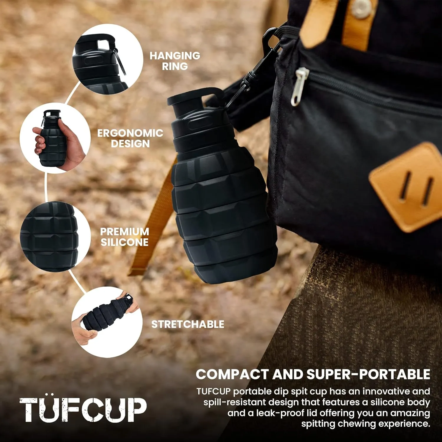 Spit Cup Spittoon for Chewing, Portable Reusable Spit Dipping Cup with Lid, Collapsible Spill Resistant Leak Proof Silicone Body Travel Spitter