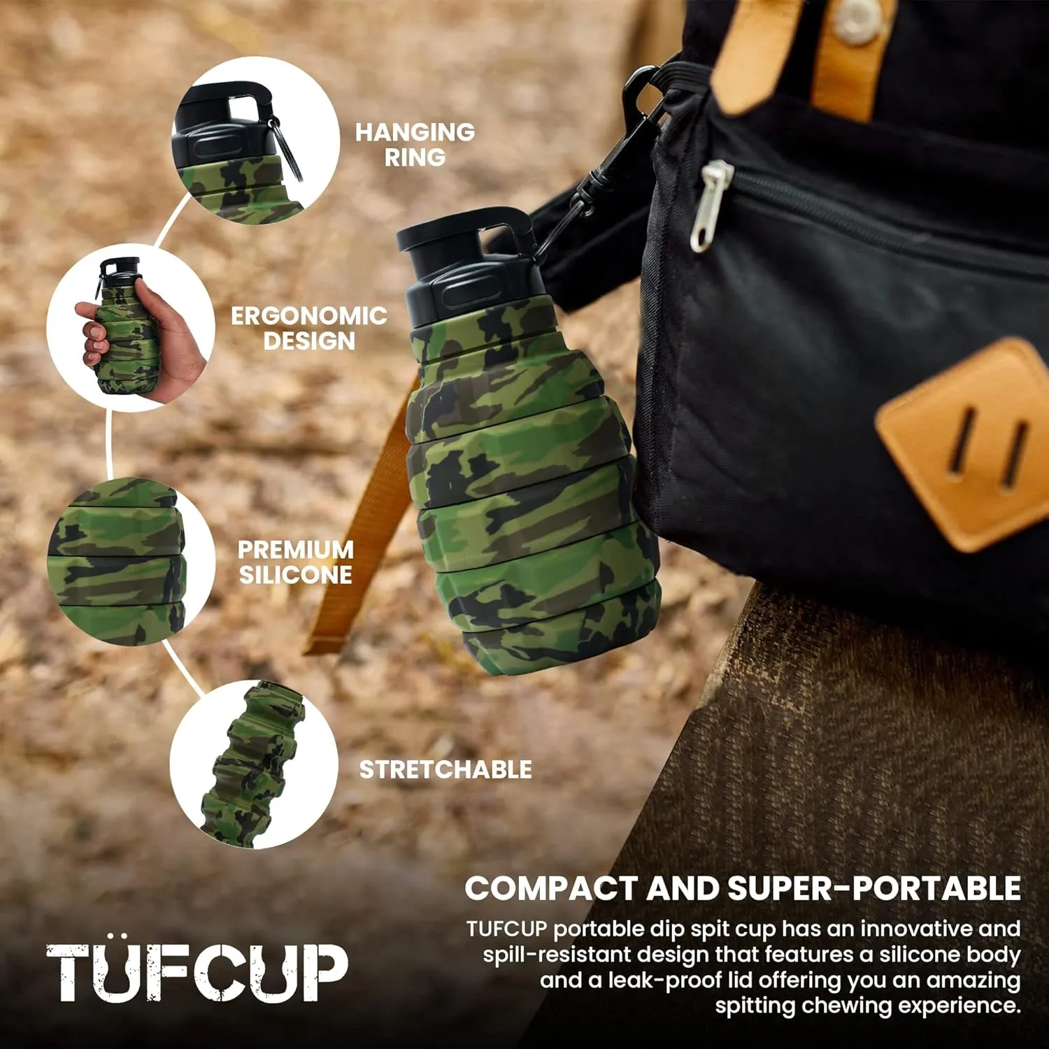 Spit Cup Spittoon for Chewing, Portable Reusable Spit Dipping Cup with Lid, Collapsible Spill Resistant Leak Proof Silicone Body Travel Spitter