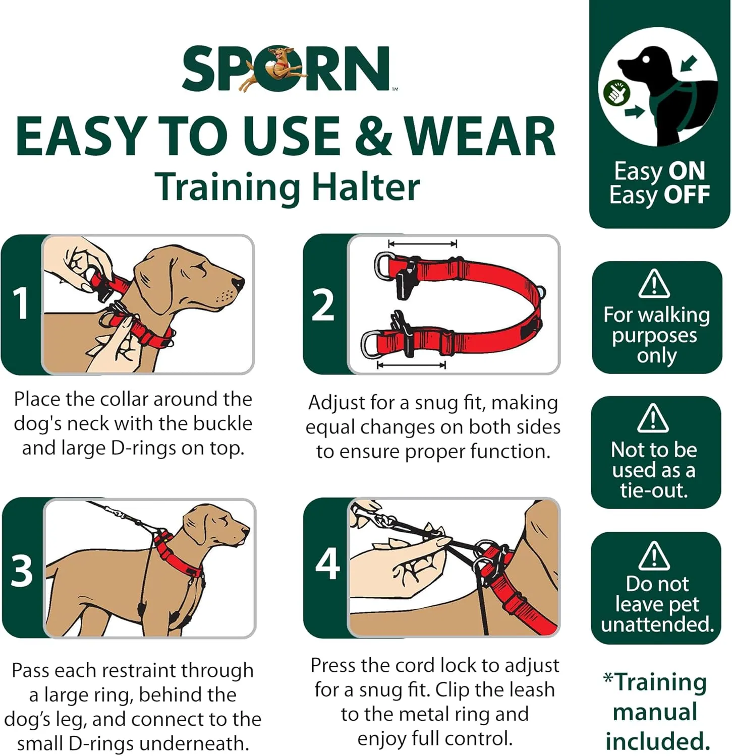Sporn Original Training Halter, No Pull Dog Harness for Large Dogs with Black Padded Sherpa Sleeves, Breathable Large Dog Harness No Pull, Provides to All Large Sized Breeds