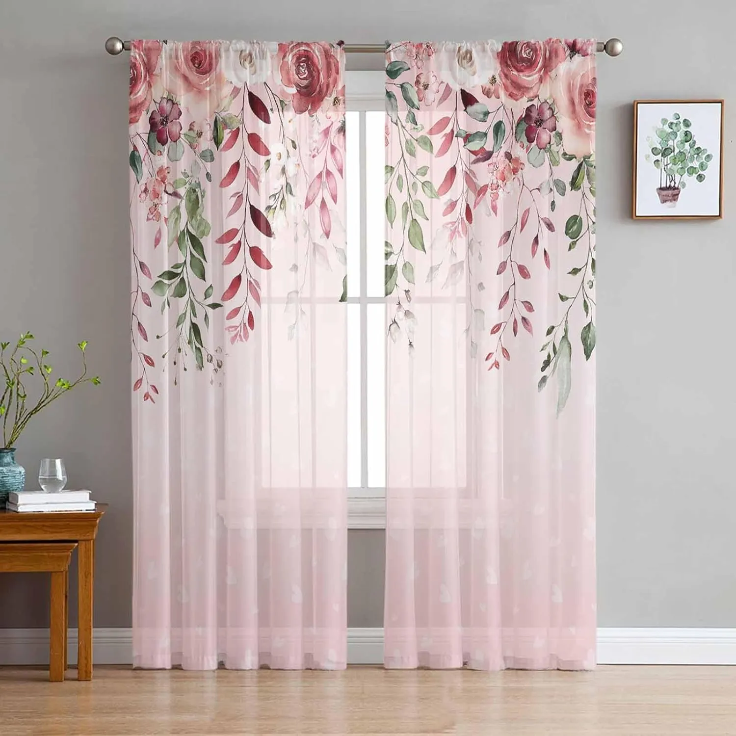 Spring Sheer Curtains 63 Inch Long Summer Eucalyptus Leaves Flower Pink Background Rod Pocket Voile Semi-Sheer Window Treatment Drapes for Bedroom Nursery Room Windows 2 Panels 52" Wx63 L