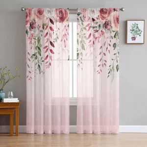 Spring Sheer Curtains 63 Inch Long Summer Eucalyptus Leaves Flower Pink Background Rod Pocket Voile Semi-Sheer Window Treatment Drapes for Bedroom Nursery Room Windows 2 Panels 52" Wx63 L