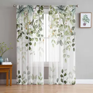 Spring Sheer Curtains 84 Inch Long Sage Green Eucalyptus Leaves and Branches Rod Pocket Voile Semi-Sheer Window Treatment Drapes for Living Room Bedroom Windows 2 Panels 52" Wx84 L