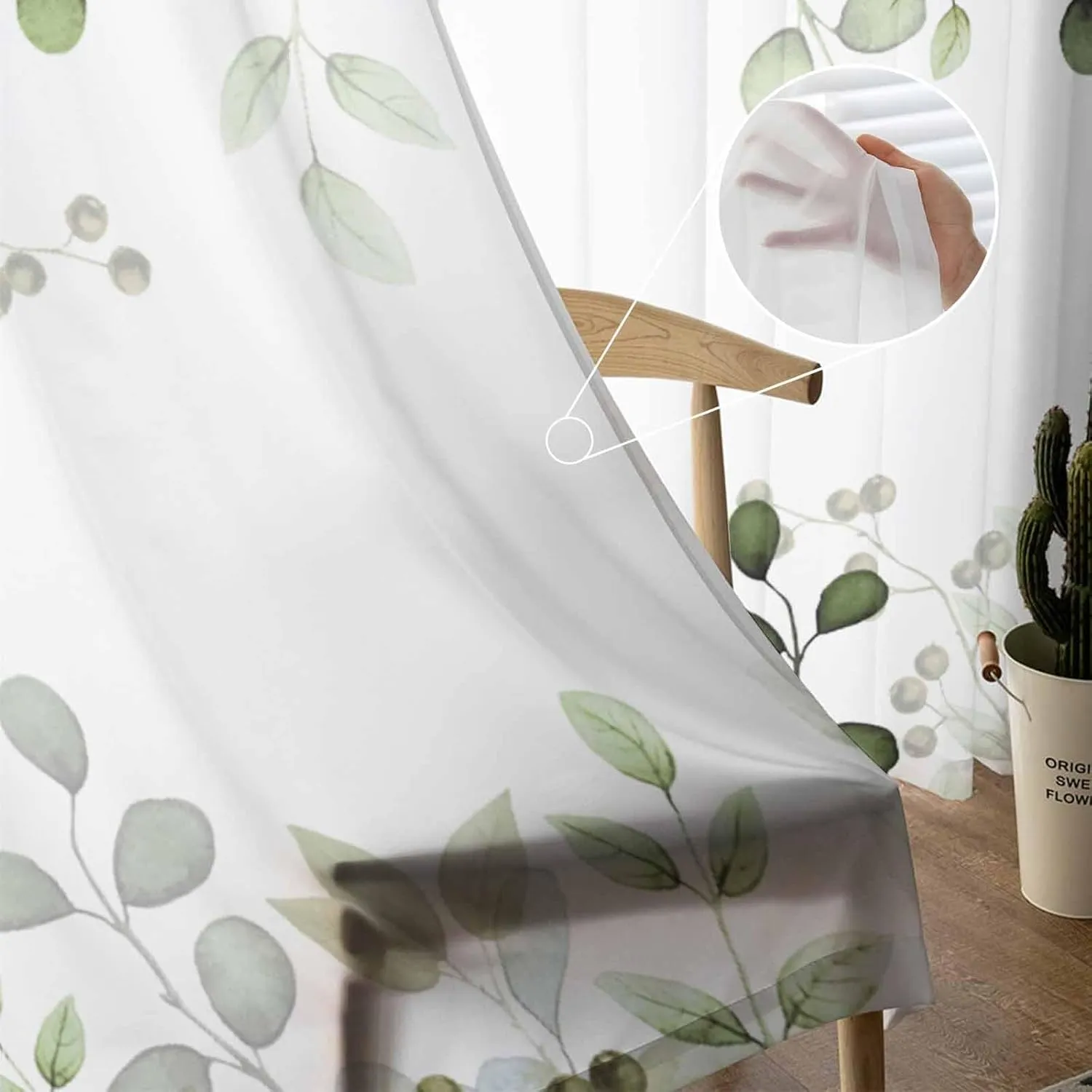 Spring Sheer Curtains 84 Inch Long Sage Green Eucalyptus Leaves and Branches Rod Pocket Voile Semi-Sheer Window Treatment Drapes for Living Room Bedroom Windows 2 Panels 52" Wx84 L