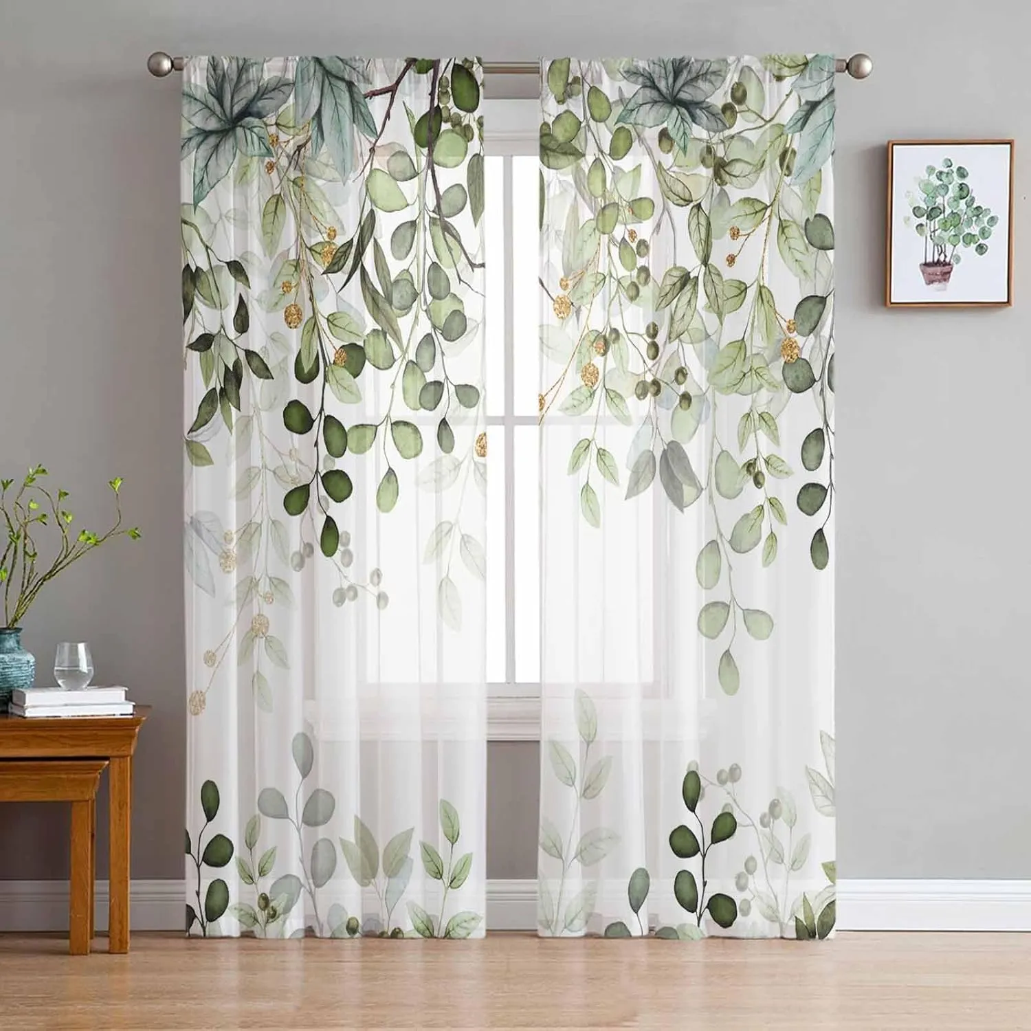 Spring Sheer Curtains 84 Inch Long Sage Green Eucalyptus Leaves and Branches Rod Pocket Voile Semi-Sheer Window Treatment Drapes for Living Room Bedroom Windows 2 Panels 52" Wx84 L