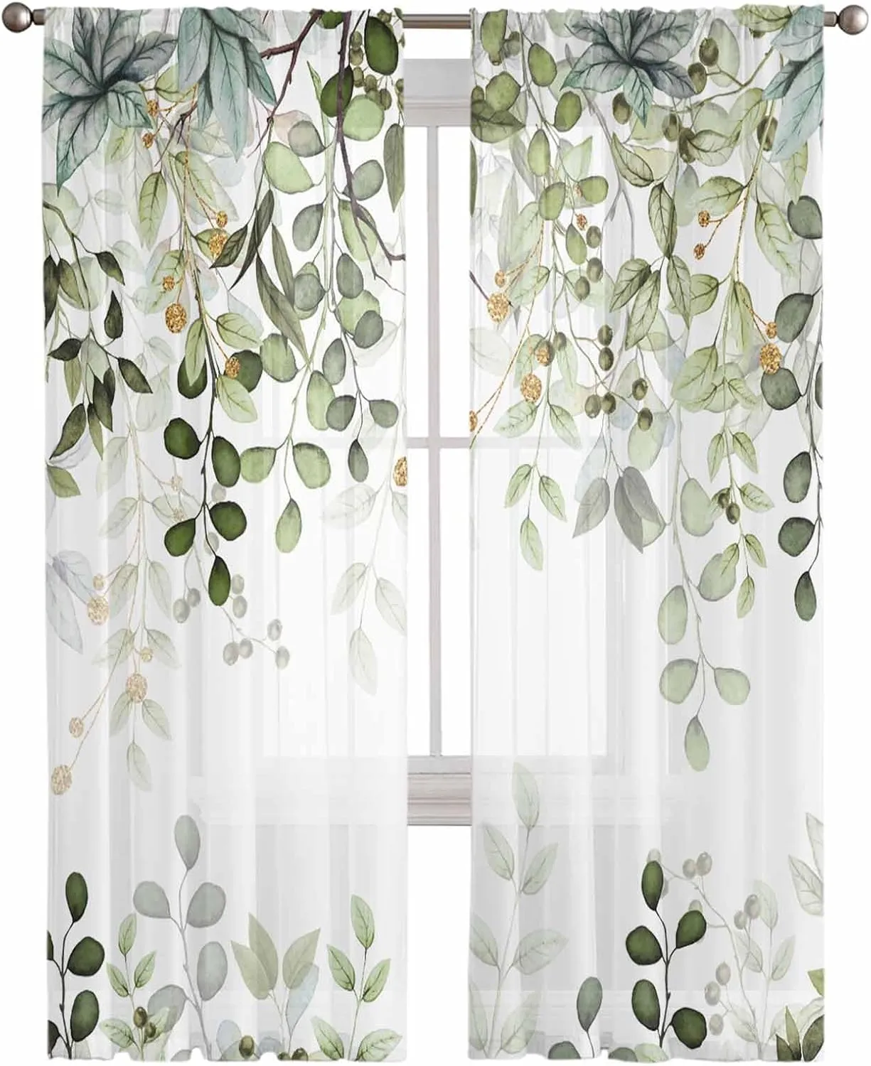 Spring Sheer Curtains 84 Inch Long Sage Green Eucalyptus Leaves and Branches Rod Pocket Voile Semi-Sheer Window Treatment Drapes for Living Room Bedroom Windows 2 Panels 52" Wx84 L