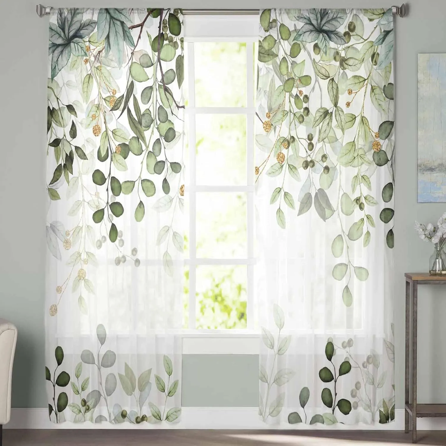 Spring Sheer Curtains 84 Inch Long Sage Green Eucalyptus Leaves and Branches Rod Pocket Voile Semi-Sheer Window Treatment Drapes for Living Room Bedroom Windows 2 Panels 52" Wx84 L