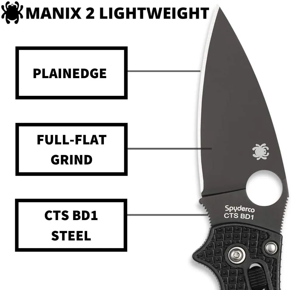 Spyderco Manix 2 Lightweight PlainEdge Folding Knife with Black Steel Blade and Black FRCP Handle