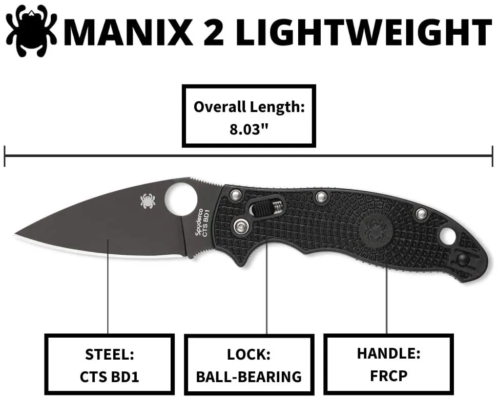 Spyderco Manix 2 Lightweight PlainEdge Folding Knife with Black Steel Blade and Black FRCP Handle