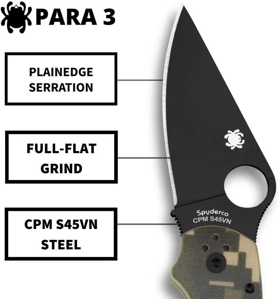 Spyderco Para 3 G-10 Digital Camo Black Blade 2.93" Plain Edge Folding Pocket Knife (C223GPCMOBK)