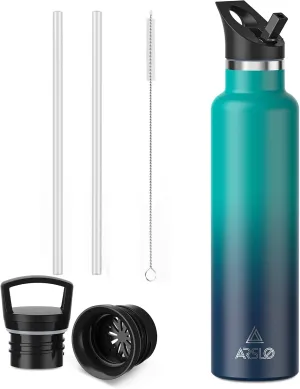 Stainless Steel Double Wall Water Bottles, Vacuum Insulated Bottle With Straw Lid, Insulated Water Bottle Keeps Water Cold for 24 Hours, Hot for 12 Hours, Hiking, Sports