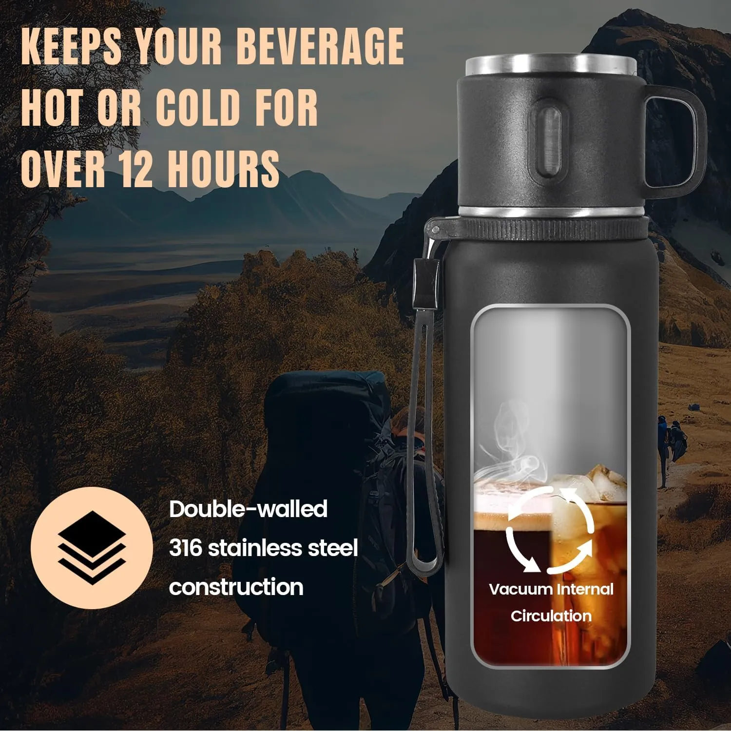 Stainless Steel Insulated Bottle, 20oz with cup Vacuum Insulated Water Bottle, Thermo for Hot Drinks/Cold Drinks,24-Hr Insulation Commute, Travel