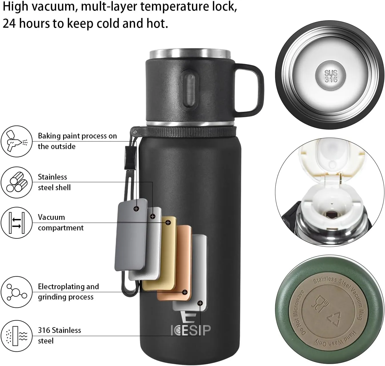 Stainless Steel Insulated Bottle, 20oz with cup Vacuum Insulated Water Bottle, Thermo for Hot Drinks/Cold Drinks,24-Hr Insulation Commute, Travel