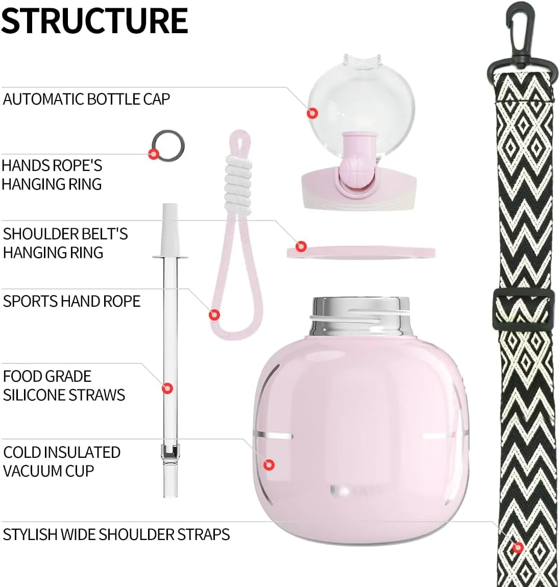 Stainless Steel Sports Water Bottle with Silicone Straw and Shoulder Strap BPA-Free Tritan Water Jug Double Wall for Outdoor Gym Sports 800ML/27.05 oz, Pink