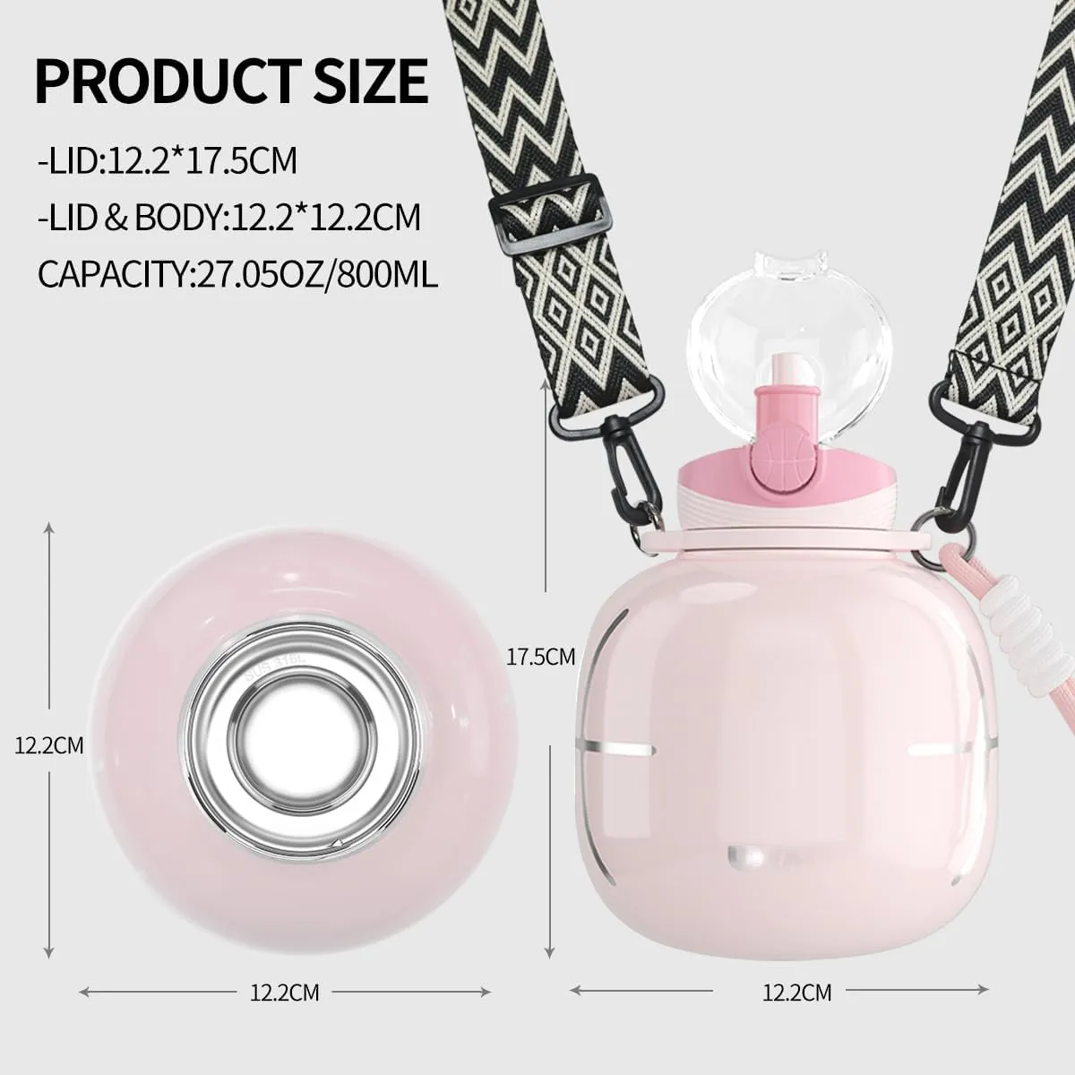 Stainless Steel Sports Water Bottle with Silicone Straw and Shoulder Strap BPA-Free Tritan Water Jug Double Wall for Outdoor Gym Sports 800ML/27.05 oz, Pink