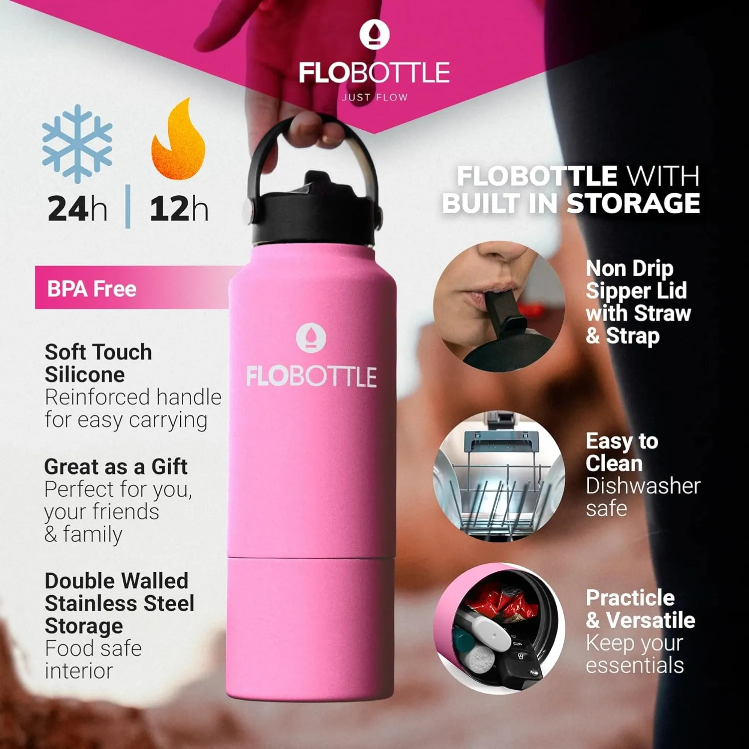 Stainless Steel Water Bottle with Straw, 28 Oz Insulated Bottle with Storage, Leak Proof, BPA-Free, Modern, Blissful Pink, 838.46 ml, Hiking, Cycling, Gym, Everyday Use