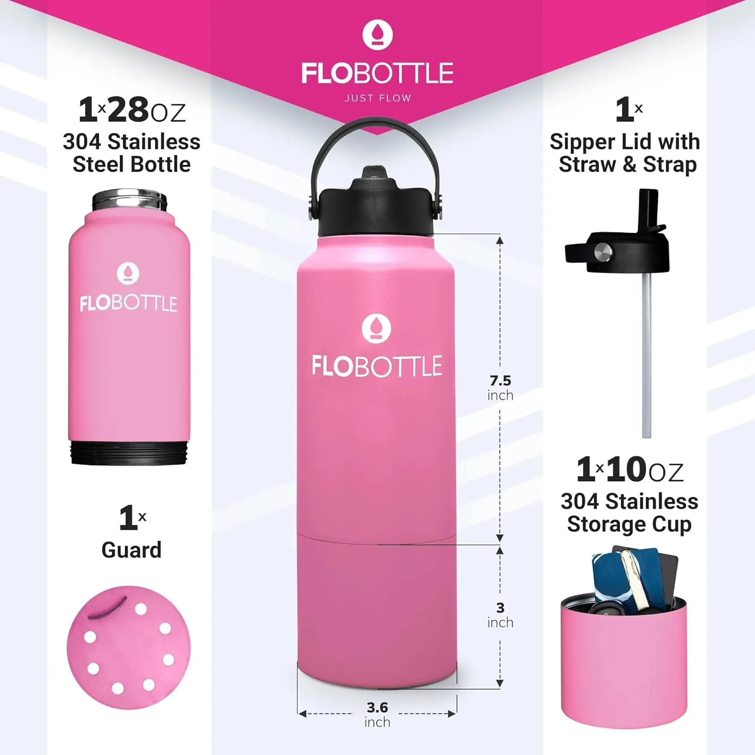 Stainless Steel Water Bottle with Straw, 28 Oz Insulated Bottle with Storage, Leak Proof, BPA-Free, Modern, Blissful Pink, 838.46 ml, Hiking, Cycling, Gym, Everyday Use