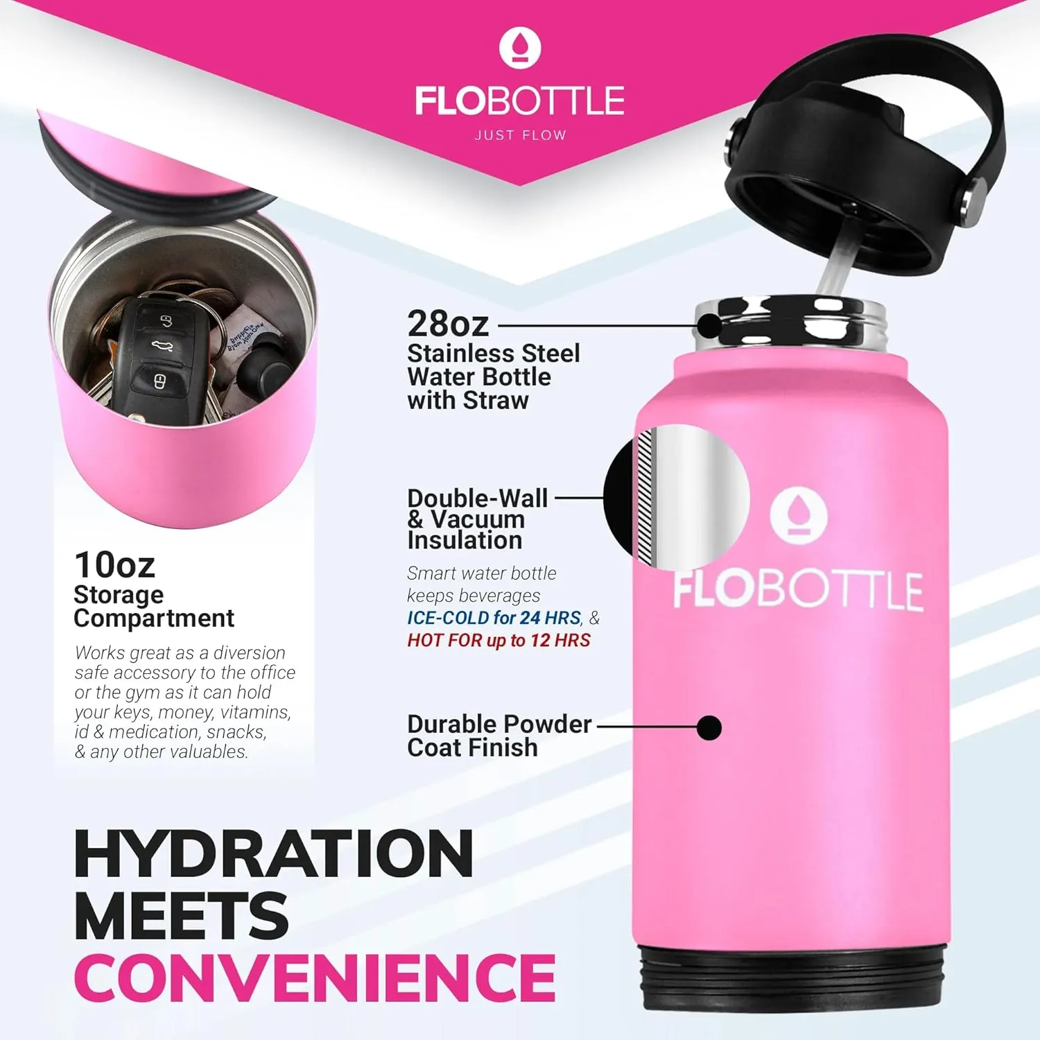 Stainless Steel Water Bottle with Straw, 28 Oz Insulated Bottle with Storage, Leak Proof, BPA-Free, Modern, Blissful Pink, 838.46 ml, Hiking, Cycling, Gym, Everyday Use
