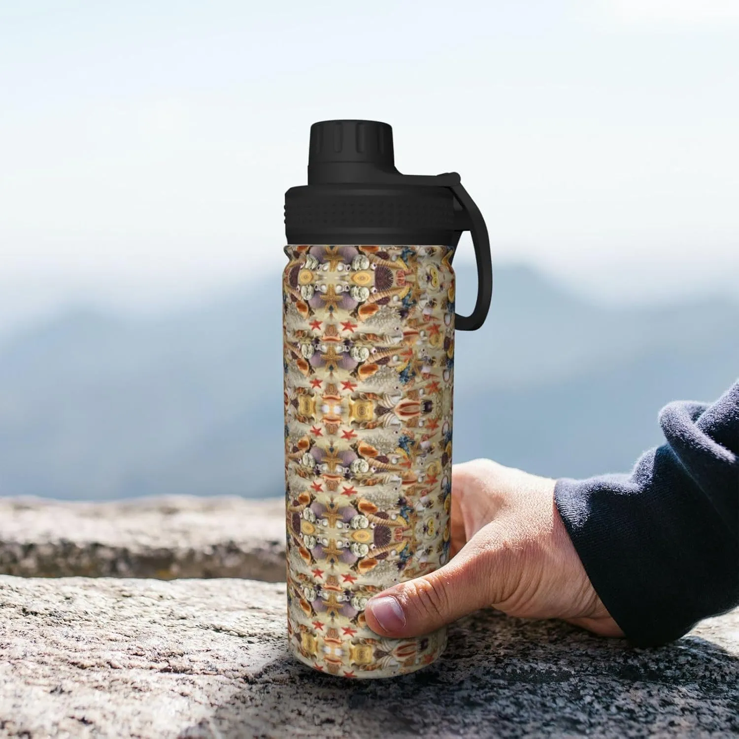 Starfish Seashell Sandy Beach Theme 18oz Sports Insulated Bottle For Outdoor Activities,Your Ideal Companion Staying Hydrated