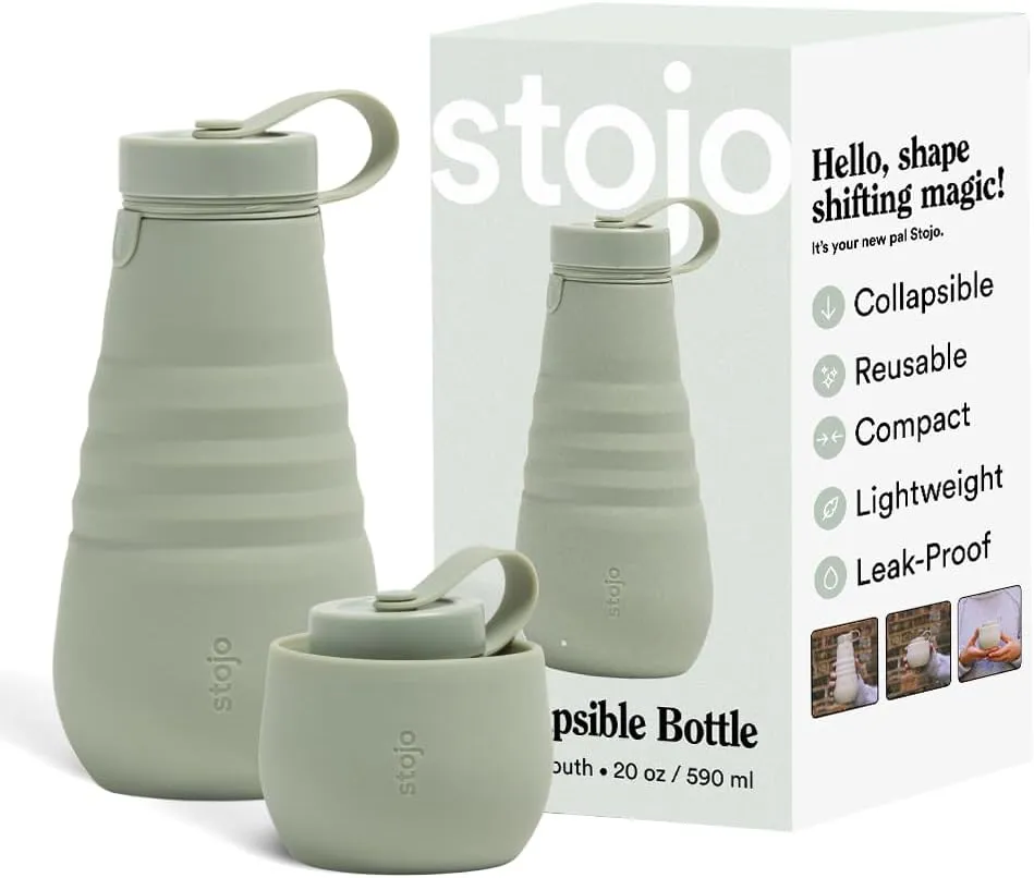 STOJO Collapsible Sports Water Bottle - Leak-Proof Reusable Silicone Travel Cup for Hot & Cold Drinks - Microwave & Dishwasher Safe - AS SEEN ON TODAY SHOW - Parent (Sage)