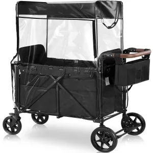 Stroller Wagon for 2 Kids with Rain Cover, Foldable Wagons Carts Featuring High Seats with 5-Point Harnesses, Easy-Access Zipper Door, Storage Bag and Adjustable Canopy, Snack Plate