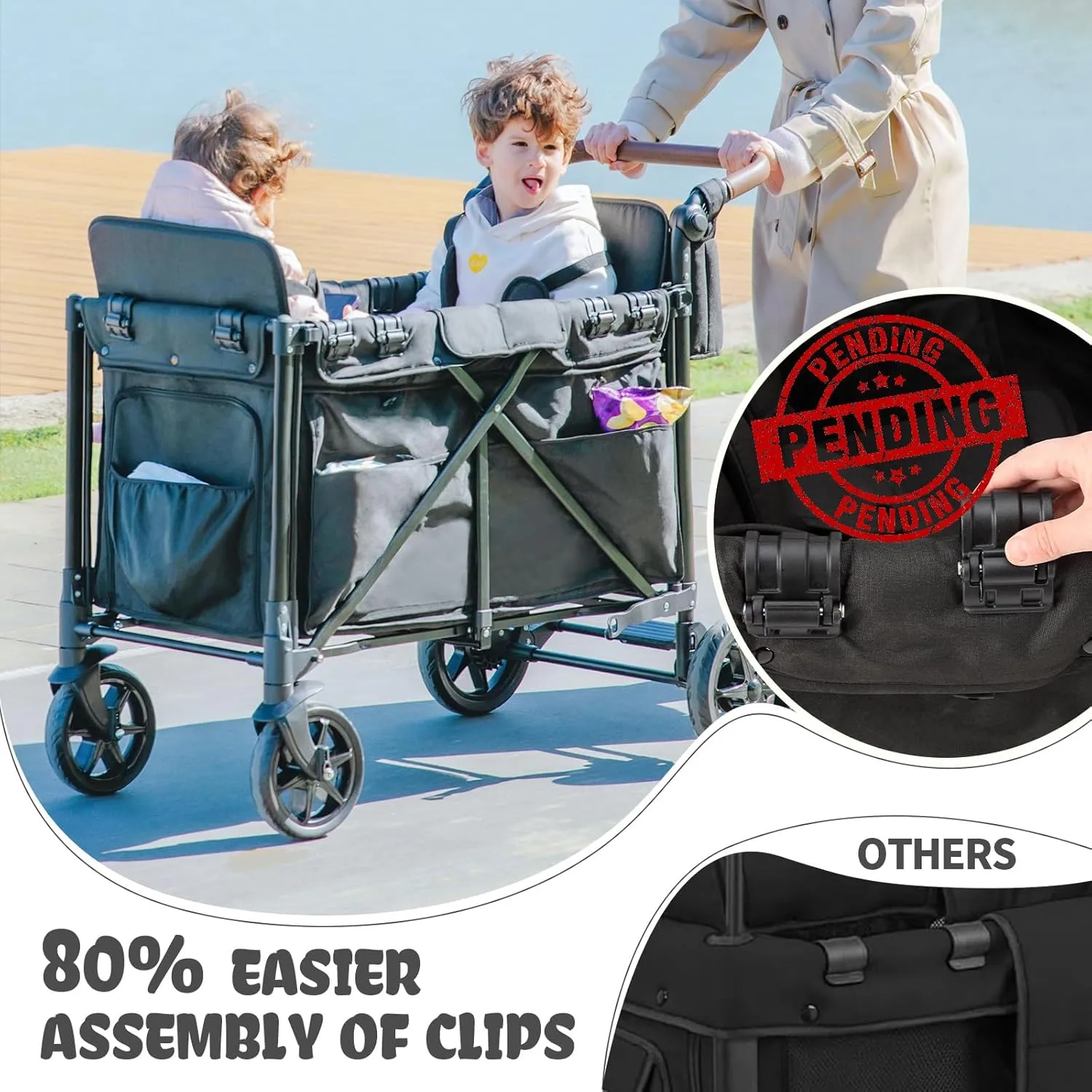 Stroller Wagon for 2 Kids with Rain Cover, Foldable Wagons Carts Featuring High Seats with 5-Point Harnesses, Easy-Access Zipper Door, Storage Bag and Adjustable Canopy, Snack Plate